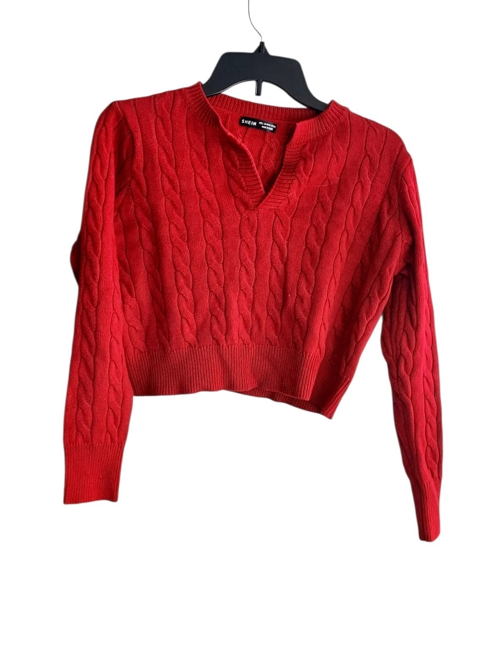 SHEIN Red Cable-Knit V-Notch Cropped Sweater